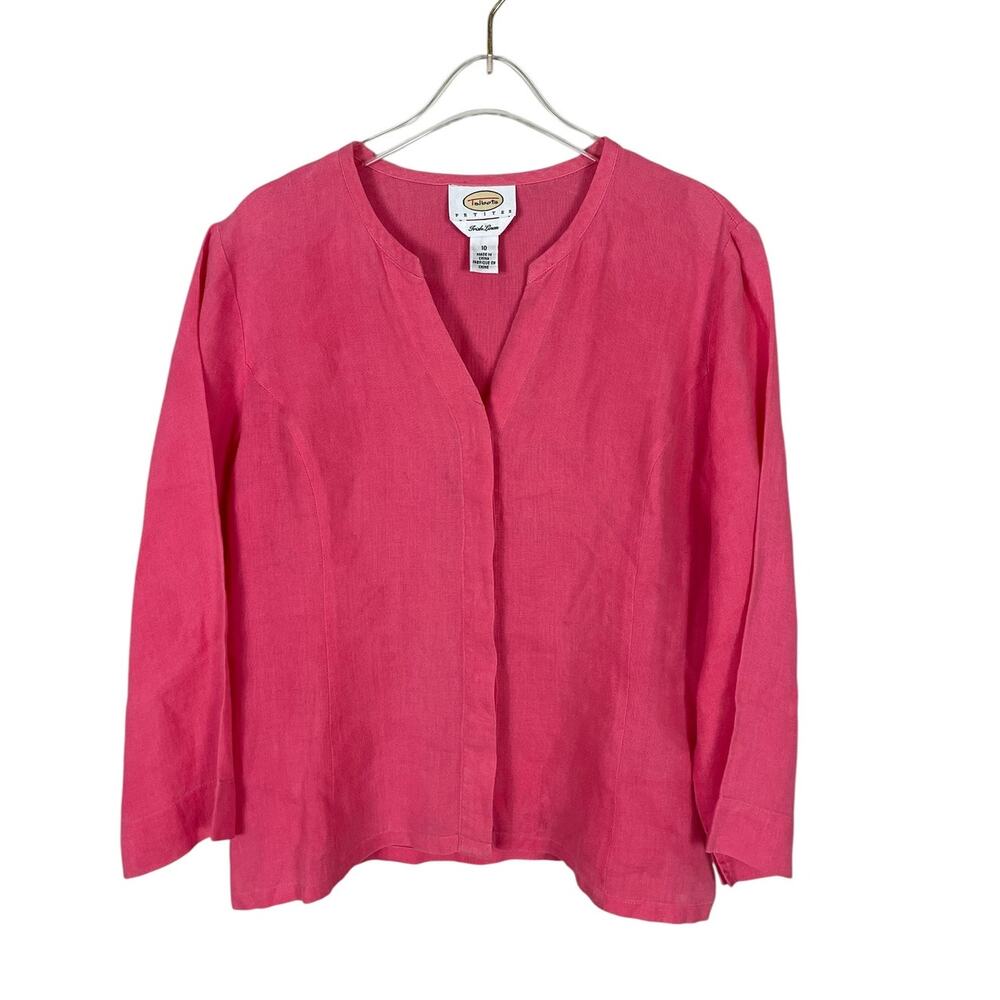 Talbots Petites 100% Irish Linen Hidden Button Front Top Pink Sz 10 Classic Chic